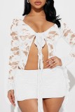 White Sexy Solid Bandage V Neck Long Sleeve Two Pieces