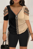 Light Brown Casual Print Hollowed Out Patchwork V Neck Short Sleeve Two Pieces