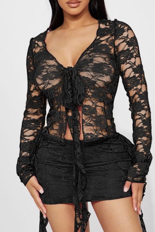 Black Sexy Solid Bandage V Neck Long Sleeve Two Pieces