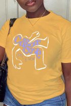 Camisetas con cuello en O de patchwork con estampado de base casual amarillo