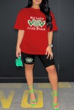 Red Black Casual Print Basic O Neck Short Sleeve Two Pieces