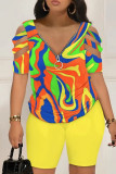 Multicolor Casual Print Hollowed Out Patchwork V Neck Short Sleeve Two Pieces