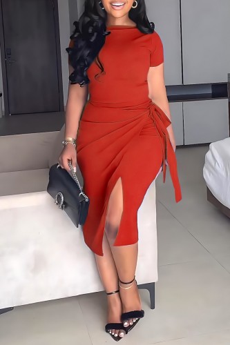 Red Casual Solid Frenulum O Neck Short Sleeve Two Pieces