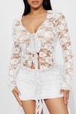 White Sexy Solid Bandage V Neck Long Sleeve Two Pieces