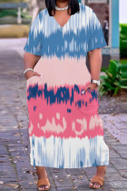 Blau-rosa, lässiges, bedrucktes Basic-Kleid mit V-Ausschnitt und kurzen Ärmeln