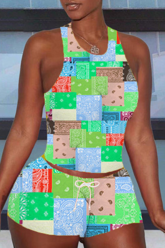Green Casual Print Basic U Neck Sleeveless Two Pieces