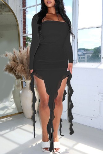 Black Casual Solid Asymmetrical Square Collar Long Sleeve Dresses