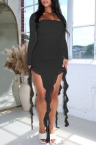 Svarta casual solid asymmetrisk fyrkantig krage långärmade klänningar