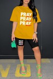 Yellow Black Casual Letter Print Basic O Neck Short Sleeve Two Pieces
