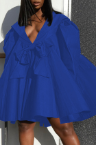 ブルーの甘い固体パッチワーク ボタン ボウ V ネック ストレート ドレス