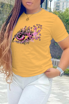 Camisetas con cuello en O de patchwork estampado de ojos diarios amarillos