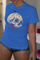 Koningsblauw casual street print schedel patchwork T-shirts met ronde hals