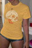 Yellow Casual Street Print Skull Patchwork O Neck T-Shirts