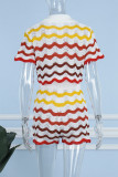 Yellow Casual Striped Print Patchwork Turndown Collar Short Sleeve Two Pieces