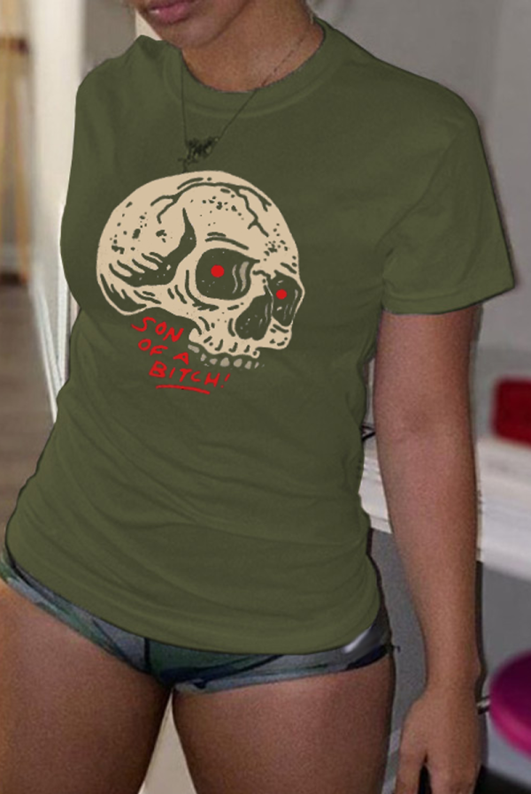 Army Green Casual Street Print Skull Patchwork O Neck T-Shirts