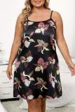Dark Blue Sexy Living Print Spaghetti Strap Sleeveless Dress Plus Size Sleepwear