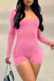 Pink Sexy Casual Solid Backless O Neck Skinny Rompers