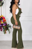 Army Green Casual Solid Backless Slit Spaghetti Strap Regular Jumpsuits