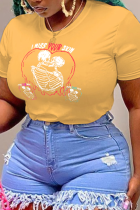 Camisetas con cuello en O de patchwork de calavera con estampado de ropa deportiva informal amarilla