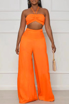 Arancio sexy casual solido senza schienale senza spalline senza maniche in due pezzi