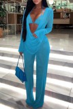 Sky Blue Sexy Solid See-through V Neck Long Sleeve Three Piece Set