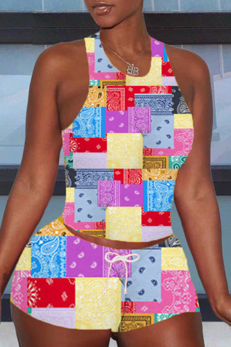 Yellow Casual Print Basic U Neck Sleeveless Two Pieces