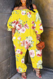 Yellow Casual Print Patchwork Off the Shoulder Regular Jumpsuits