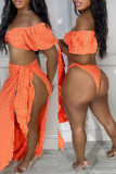 Tangerine Red Sexy Solid Bandage Off the Shoulder Short Sleeve Three Piece Set