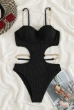 Lake Blue Sexy Solid Hollowed Out Frenulum Backless Swimwears (With Paddings)