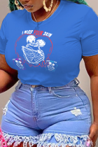 T-shirts à col rond en patchwork de crâne à imprimé de vêtements de sport décontractés bleu royal
