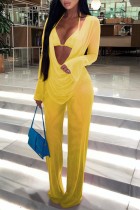 Yellow Sexy Solid See-through V Neck Long Sleeve Three Piece Set