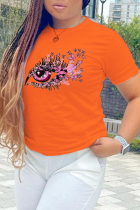 Oranje Daily Eyes bedrukte patchwork T-shirts met ronde hals