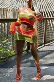 Red Sexy Patchwork Backless Contrast Strapless Long Sleeve Four Piece Set