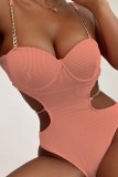 Light Pink Sexy Solid Hollowed Out Frenulum Backless Swimwears (With Paddings)