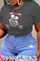 Dunkelgraue, lässige T-Shirts mit O-Ausschnitt und Totenkopf-Patchwork-Print im Sportswear-Stil