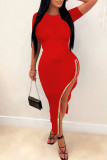 Red Casual Solid Patchwork Slit Hot Drill O Neck Short Sleeve Dress