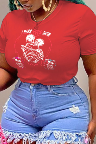 Röda Casual Sportswear Print Skull Patchwork O-hals T-shirts