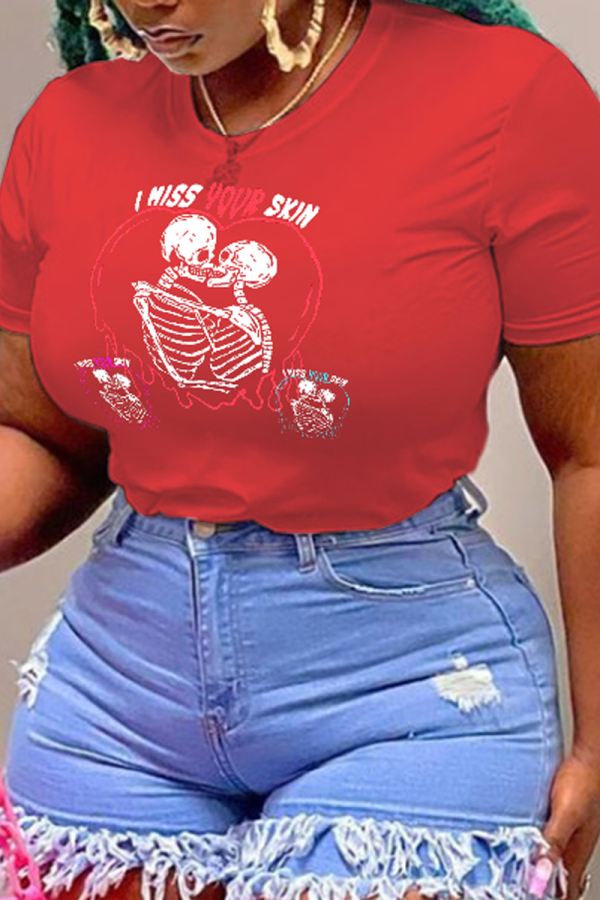 Rode Casual Sportswear Print Skull Patchwork T-shirts met O-hals