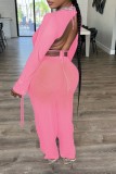 Pink Sexy Solid See-through V Neck Long Sleeve Three Piece Set