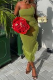 Армейский зеленый сексуальный однотонный лоскутное платье без рукавов с открытой спиной на тонких бретельках платья платья