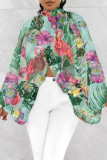 Light Green Casual Print Slit Turtleneck Tops