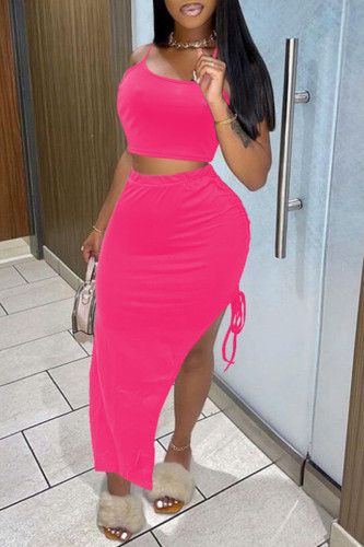 Rose Red Sexy Casual Solid Backless Spaghetti Strap Sleeveless Two Pieces