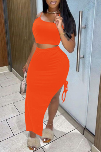Orange Sexy Casual Solid Backless Spaghetti Strap Sleeveless Two Pieces