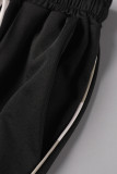 ブラックカジュアルソリッドパッチワークOネック半袖ツーピース