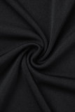 Saia preta casual sólida patchwork com fenda e alças finas em um degrau plus size duas peças