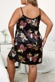 Dark Blue Sexy Living Print Spaghetti Strap Sleeveless Dress Plus Size Sleepwear