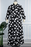 Zwarte casual stippenprint patchwork lange jurk met kraag Grote maten jurken