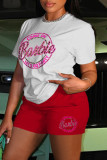 Red Casual Letter Print Basic O Neck Short Sleeve Two Pieces