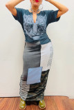 Navy Blue Casual Street Print Patchwork V Neck One Step Skirt Dresses