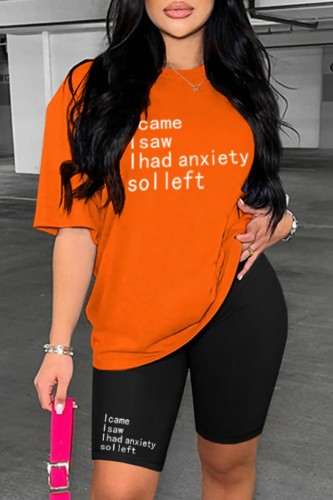 Orange Casual Letter Print Basic O Neck Short Sleeve Two Pieces